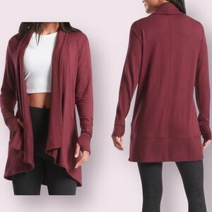 Athleta Open Front Long Cardigan Sweater Thumb Holes Burgundy Size Small